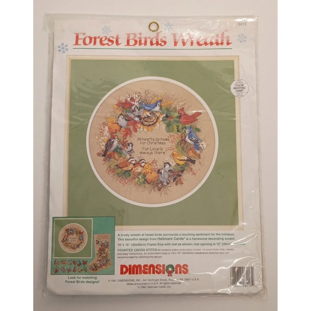 NIP Cross Stitch FOREST BIRDS WREATH KIT Dimensions 8413 Christmas Cardinal 1991
